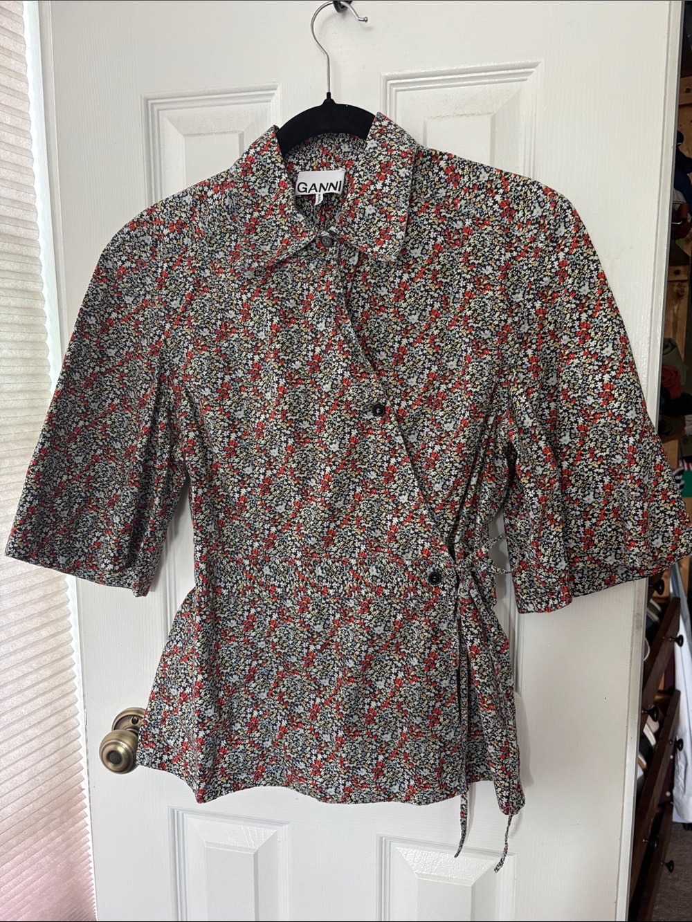 Ganni Red, Black & White Floral Tie-Waist Blouse